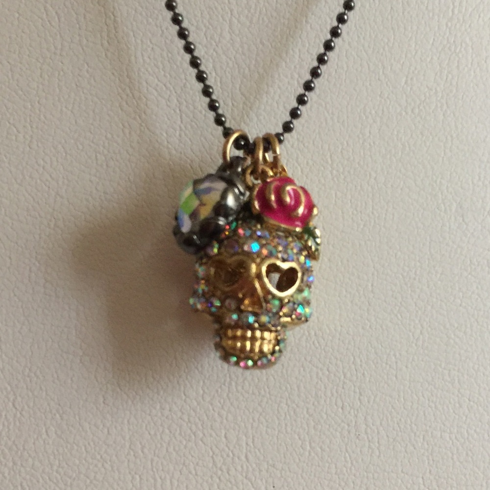 Betsey Johnson Crystal Rose Skull Pendant Necklace